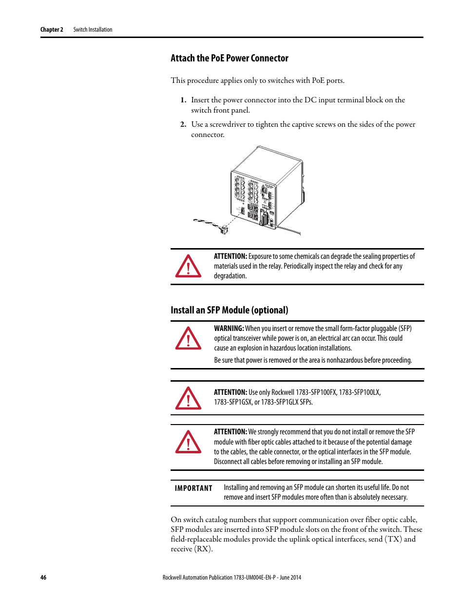 Attach the poe power connector, Install an sfp module (optional) | Rockwell Automation 1783-BMxxx Stratix 5700 Ethernet Managed Switches User Manual User Manual | Page 46 / 294