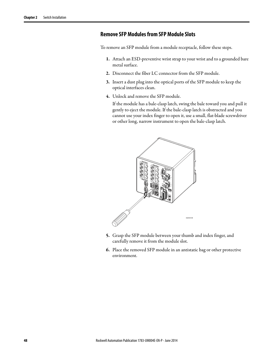 Remove sfp modules from sfp module slots | Rockwell Automation 1783-BMxxx Stratix 5700 Ethernet Managed Switches User Manual User Manual | Page 48 / 294