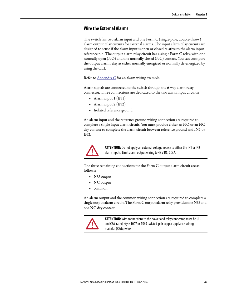 Wire the external alarms | Rockwell Automation 1783-BMxxx Stratix 5700 Ethernet Managed Switches User Manual User Manual | Page 49 / 294