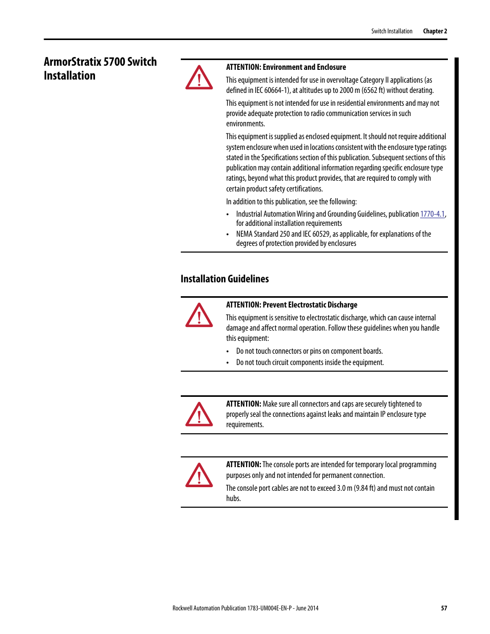 Armorstratix 5700 switch installation, Installation guidelines | Rockwell Automation 1783-BMxxx Stratix 5700 Ethernet Managed Switches User Manual User Manual | Page 57 / 294