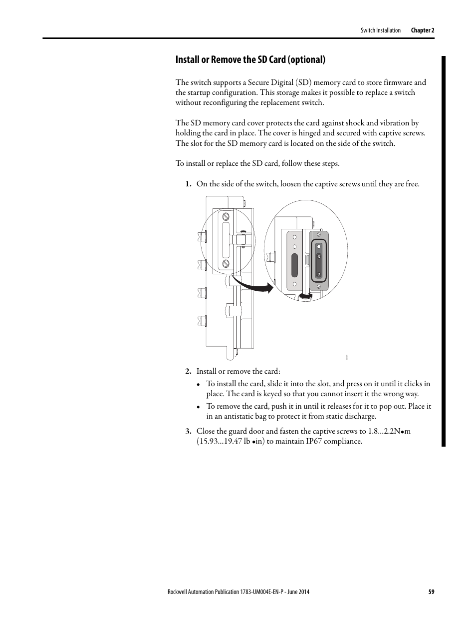 Install or remove the sd card (optional) | Rockwell Automation 1783-BMxxx Stratix 5700 Ethernet Managed Switches User Manual User Manual | Page 59 / 294