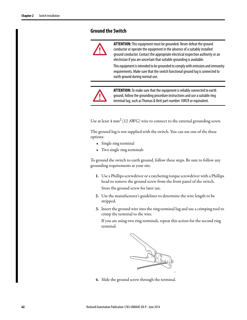 Ground the switch | Rockwell Automation 1783-BMxxx Stratix 5700 Ethernet Managed Switches User Manual User Manual | Page 62 / 294