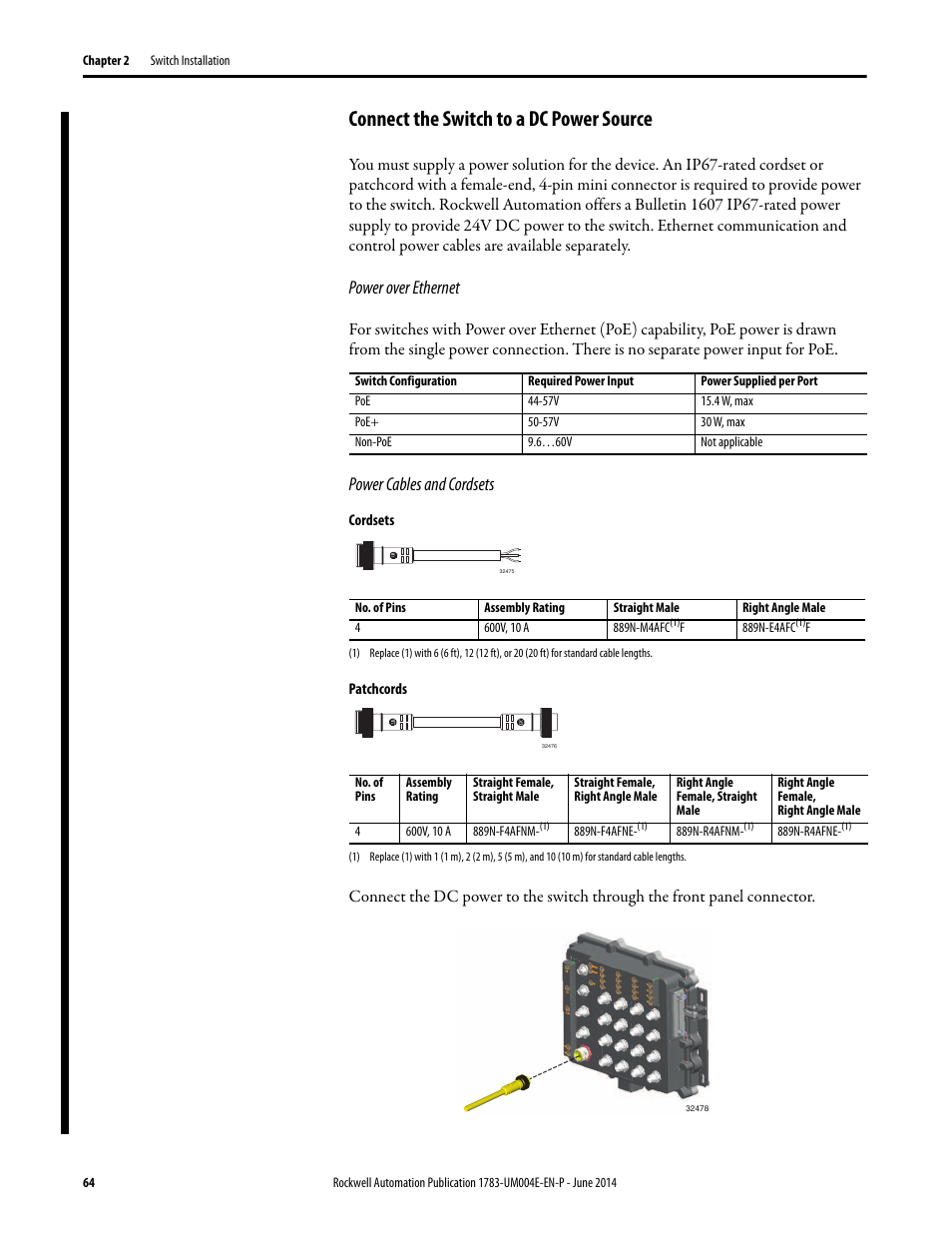 Connect the switch to a dc power source, Power over ethernet, Power cables and cordsets | Rockwell Automation 1783-BMxxx Stratix 5700 Ethernet Managed Switches User Manual User Manual | Page 64 / 294