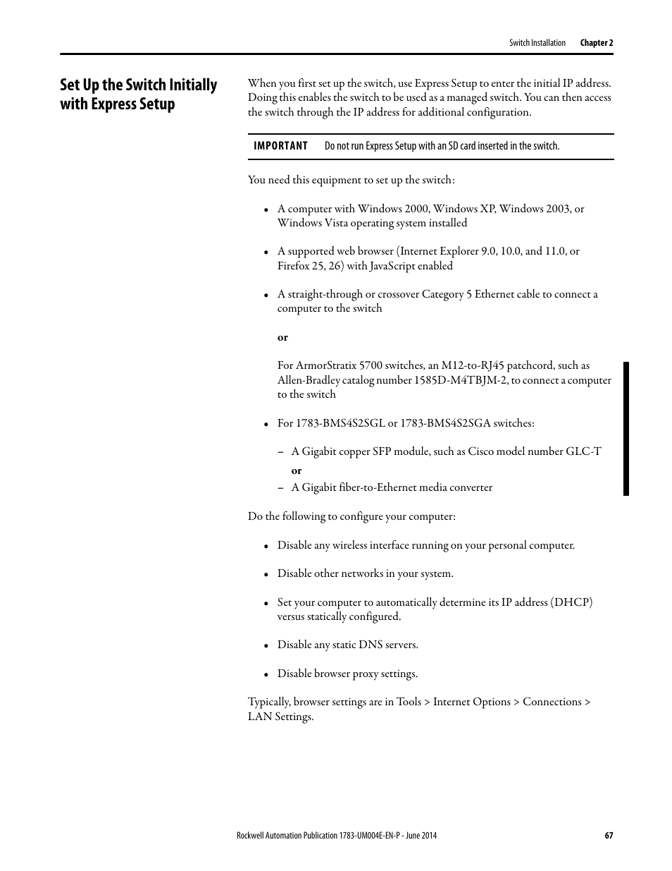 Set up the switch initially with express setup | Rockwell Automation 1783-BMxxx Stratix 5700 Ethernet Managed Switches User Manual User Manual | Page 67 / 294