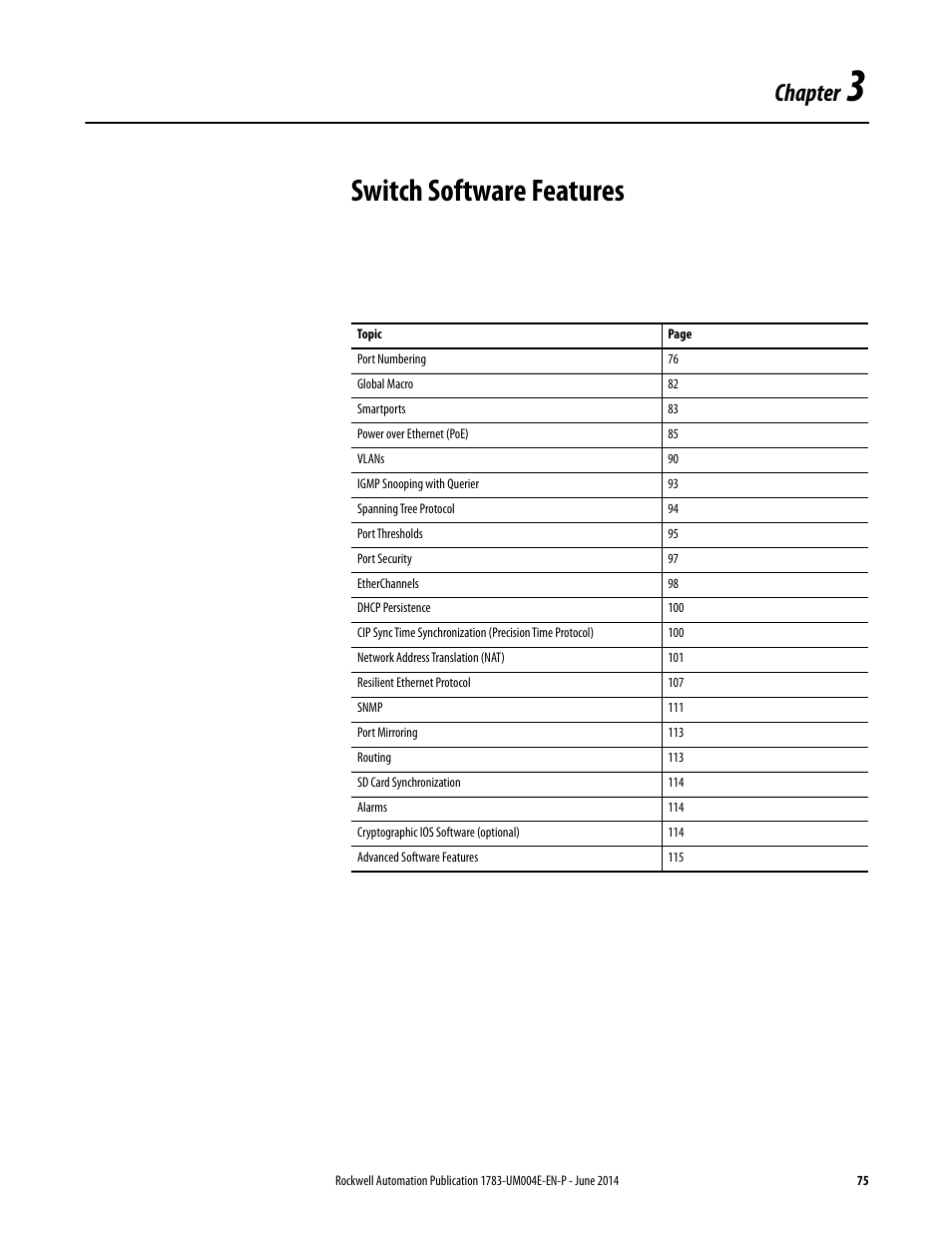 3 - switch software features, Chapter 3, Switch software features | Chapter | Rockwell Automation 1783-BMxxx Stratix 5700 Ethernet Managed Switches User Manual User Manual | Page 75 / 294