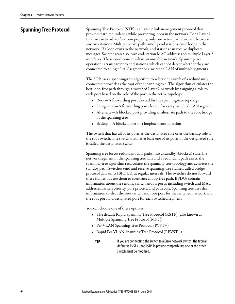 Spanning tree protocol | Rockwell Automation 1783-BMxxx Stratix 5700 Ethernet Managed Switches User Manual User Manual | Page 94 / 294