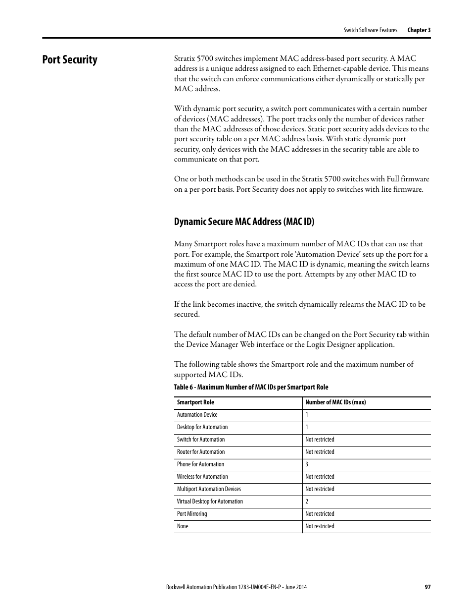 Port security, Dynamic secure mac address (mac id) | Rockwell Automation 1783-BMxxx Stratix 5700 Ethernet Managed Switches User Manual User Manual | Page 97 / 294