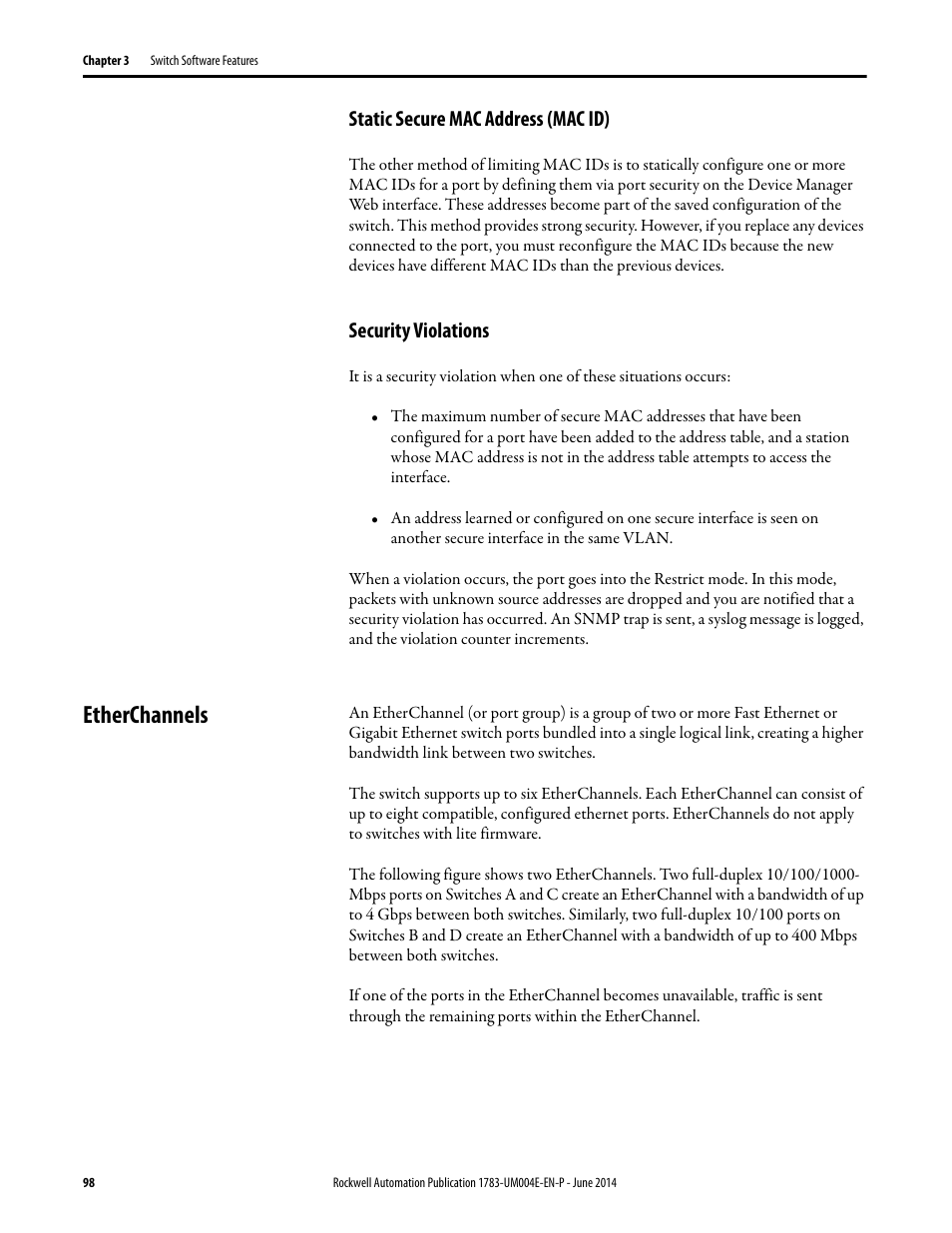 Static secure mac address (mac id), Security violations, Etherchannels | Rockwell Automation 1783-BMxxx Stratix 5700 Ethernet Managed Switches User Manual User Manual | Page 98 / 294