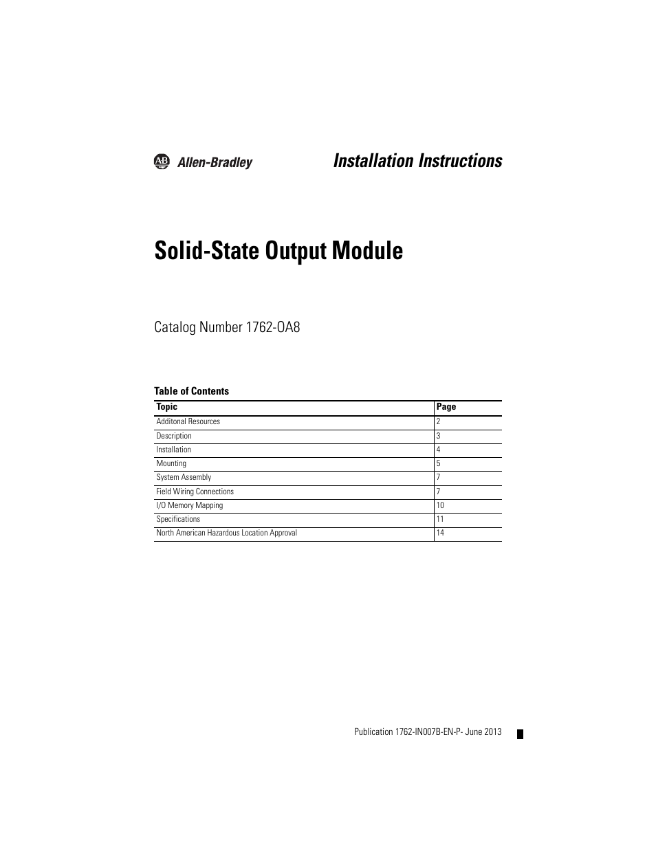 Rockwell Automation 1762-OA8 Solid State Output Module User Manual | 16 pages