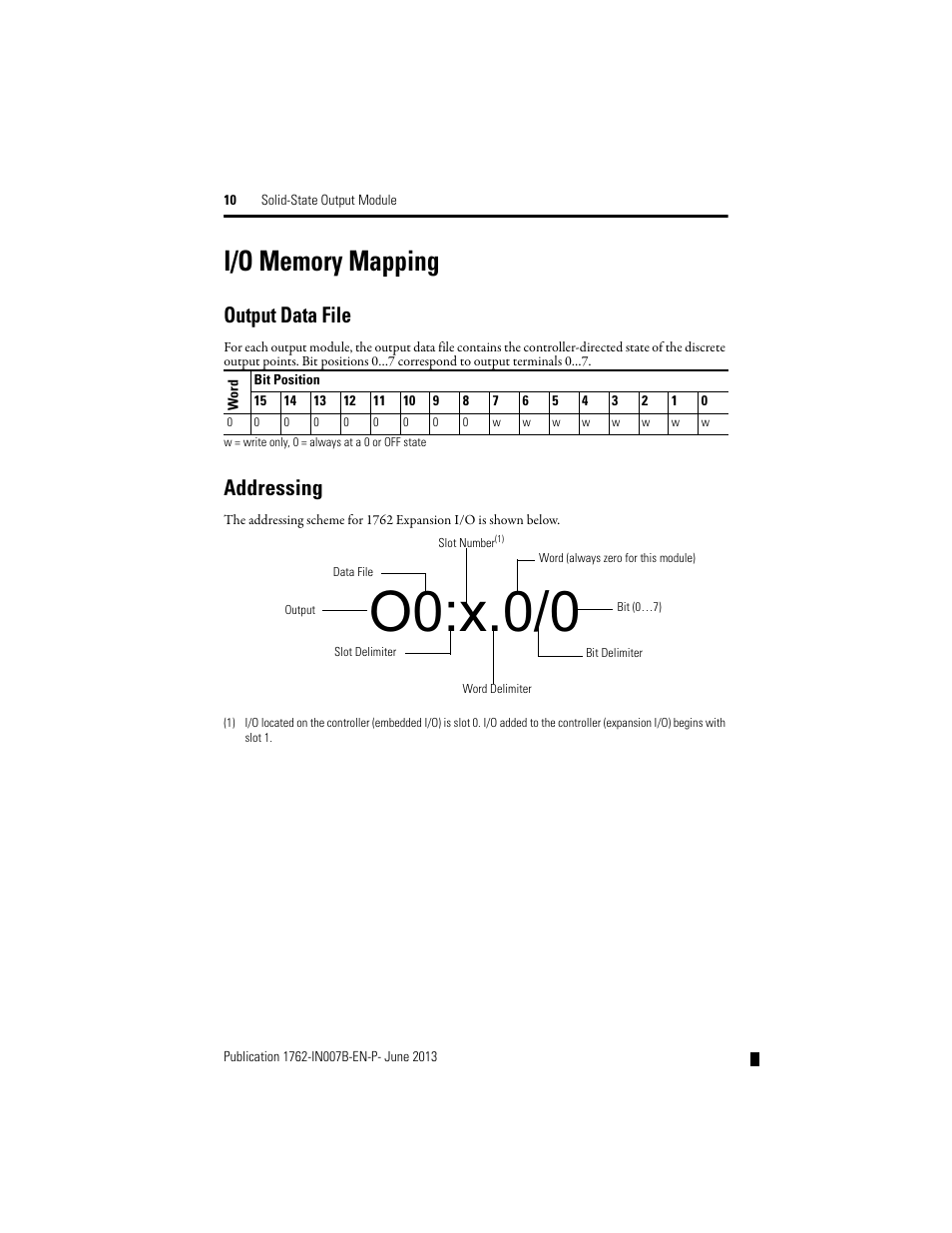 I/o memory mapping, Output data file, Addressing | O0:x.0/0 | Rockwell Automation 1762-OA8 Solid State Output Module User Manual | Page 10 / 16