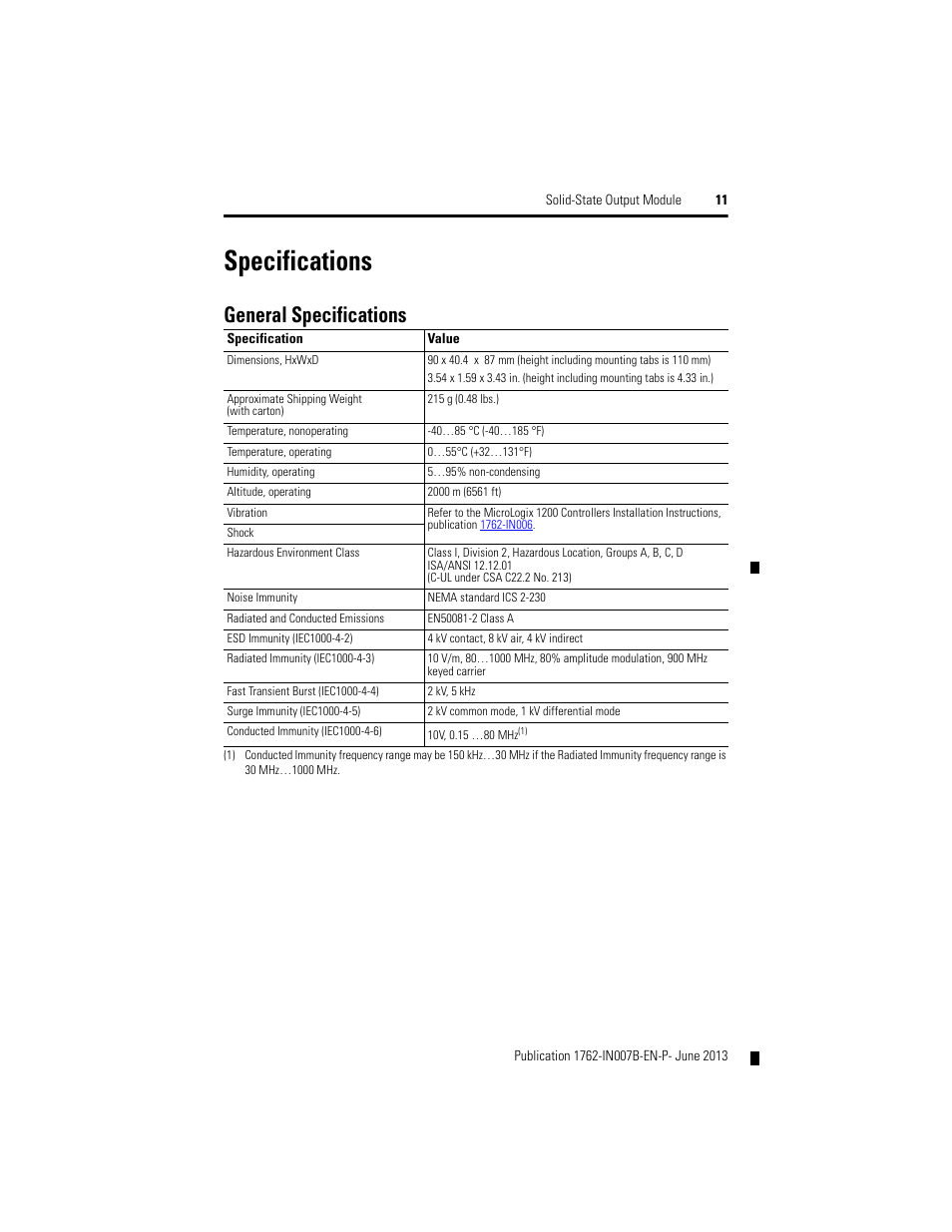 Specifications, General specifications | Rockwell Automation 1762-OA8 Solid State Output Module User Manual | Page 11 / 16