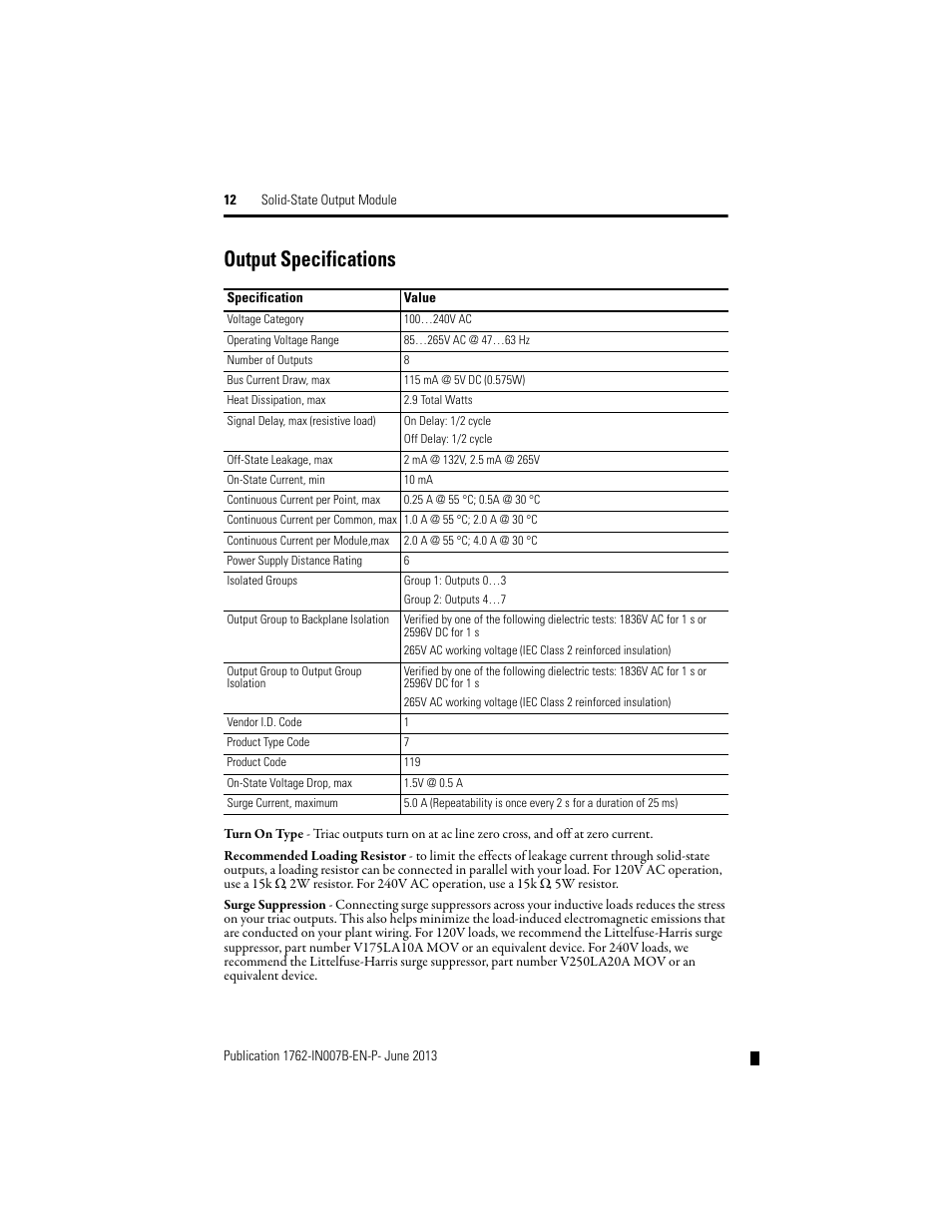 Output specifications | Rockwell Automation 1762-OA8 Solid State Output Module User Manual | Page 12 / 16
