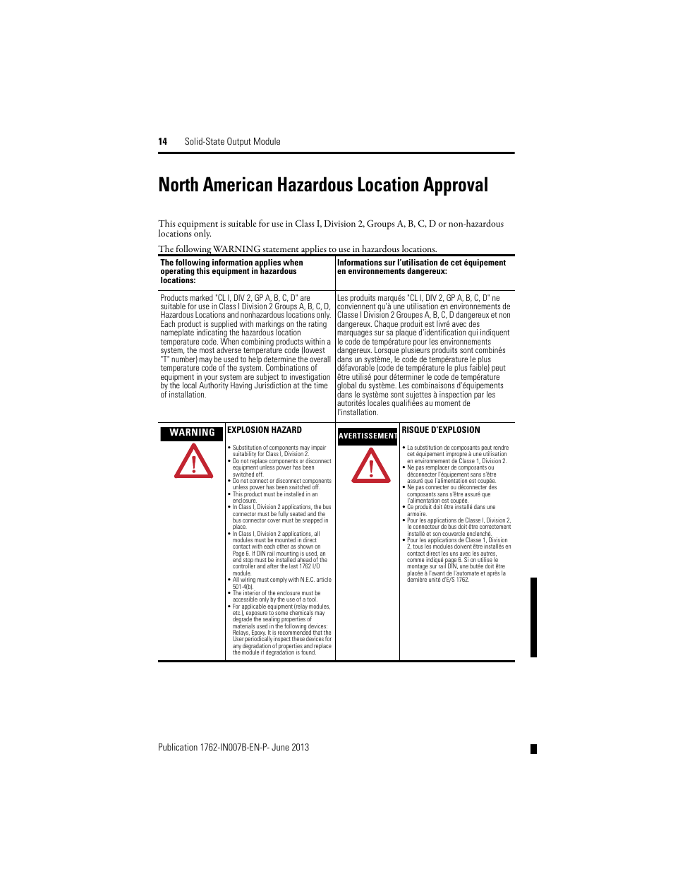 North american hazardous location approval, Warning | Rockwell Automation 1762-OA8 Solid State Output Module User Manual | Page 14 / 16