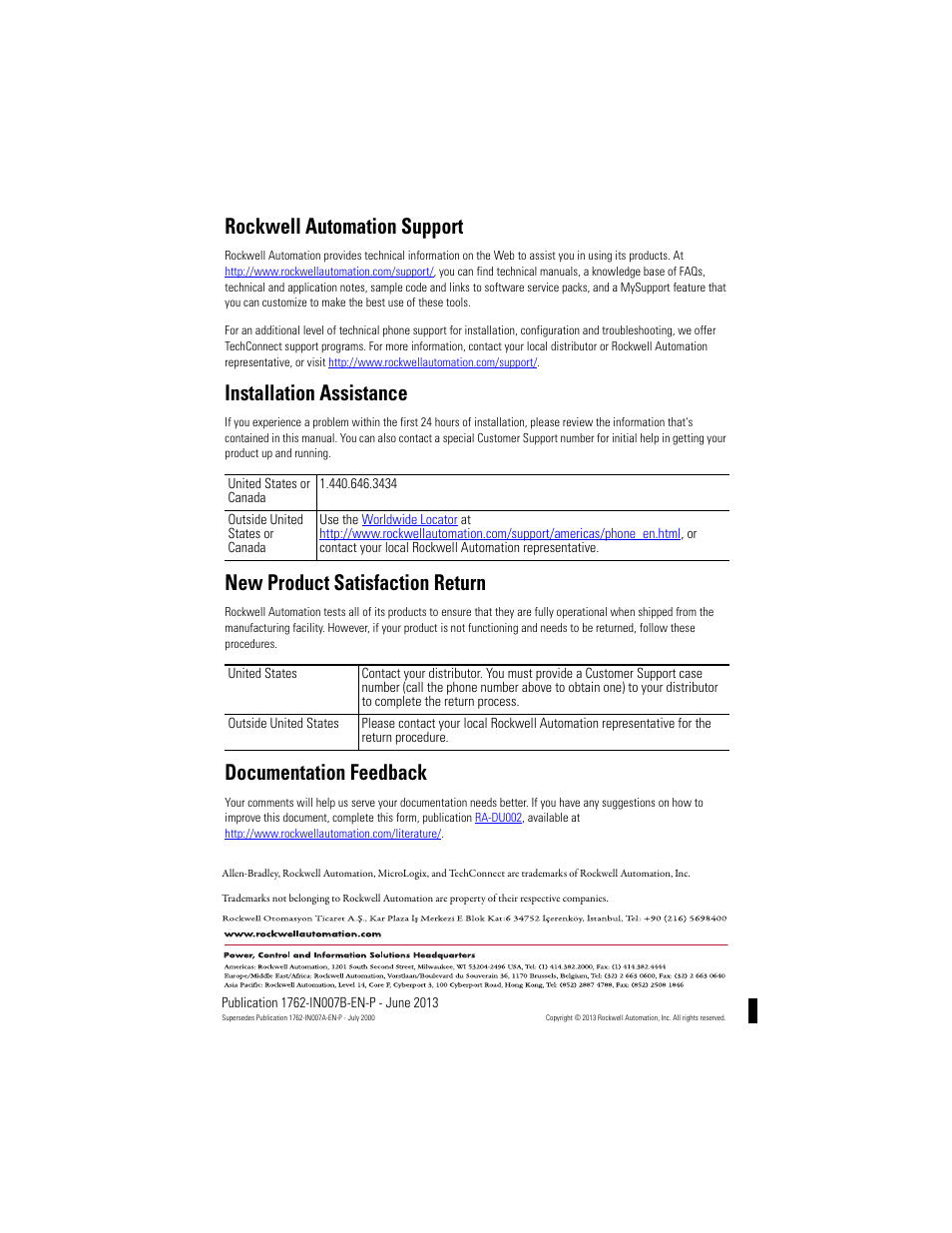 Back cover, Rockwell automation support, Installation assistance | New product satisfaction return, Documentation feedback | Rockwell Automation 1762-OA8 Solid State Output Module User Manual | Page 16 / 16