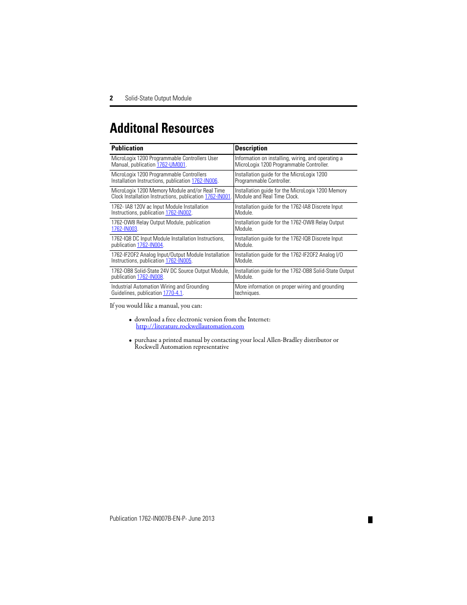 Additonal resources | Rockwell Automation 1762-OA8 Solid State Output Module User Manual | Page 2 / 16