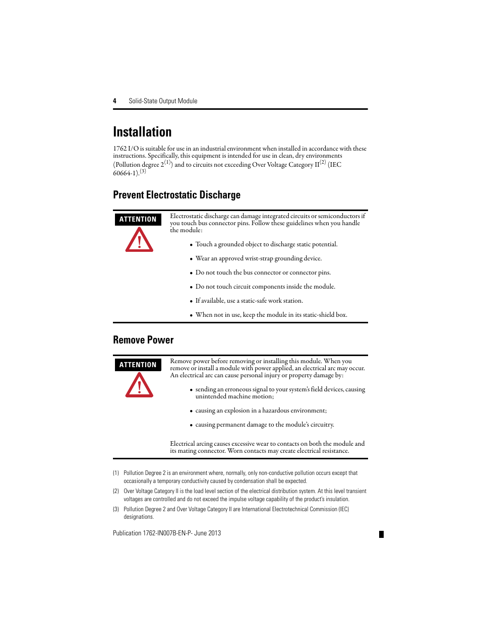 Installation, Prevent electrostatic discharge, Remove power | Prevent electrostatic discharge remove power | Rockwell Automation 1762-OA8 Solid State Output Module User Manual | Page 4 / 16