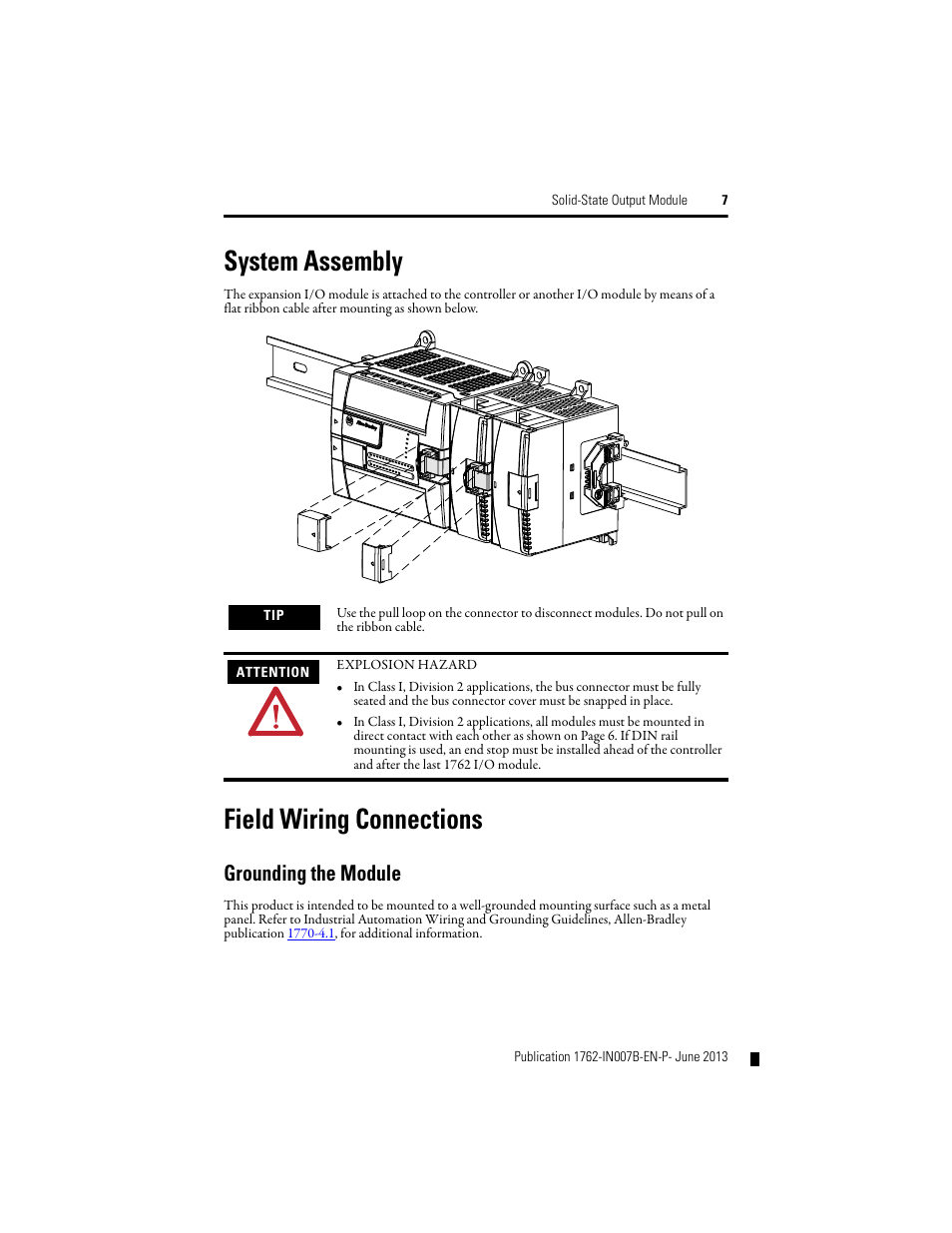 System assembly, Field wiring connections, Grounding the module | Rockwell Automation 1762-OA8 Solid State Output Module User Manual | Page 7 / 16