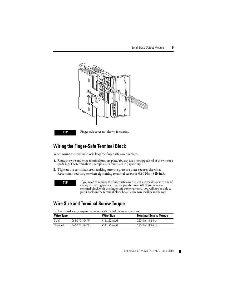 Wiring the finger-safe terminal block, Wire size and terminal screw torque | Rockwell Automation 1762-OA8 Solid State Output Module User Manual | Page 9 / 16