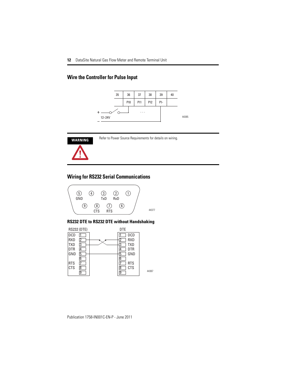 Wire the controller for pulse input, Wiring for rs232 serial communications | Rockwell Automation 1758-RTU202 Datasite Installation Instructions User Manual | Page 12 / 28