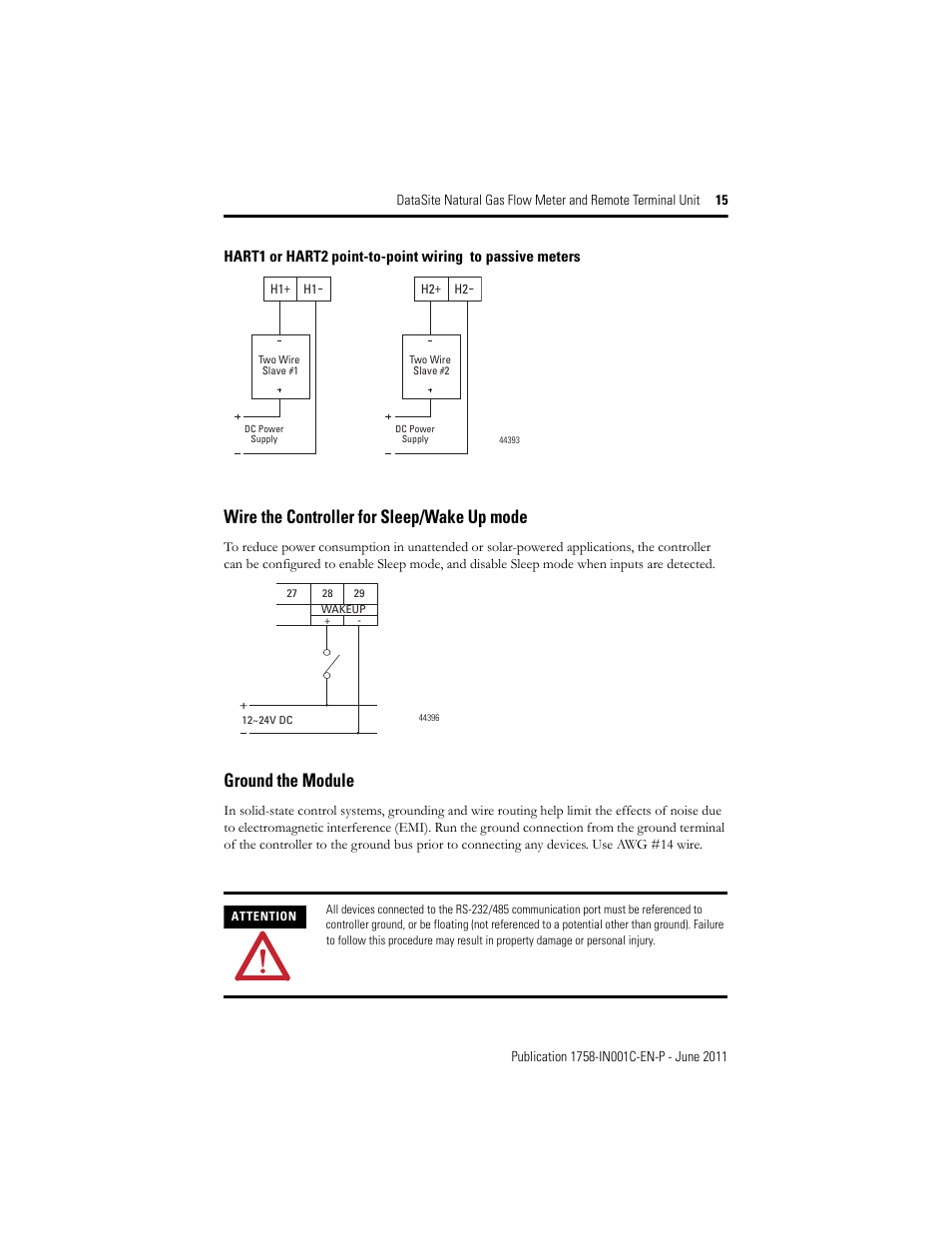 Wire the controller for sleep/wake up mode, Ground the module | Rockwell Automation 1758-RTU202 Datasite Installation Instructions User Manual | Page 15 / 28