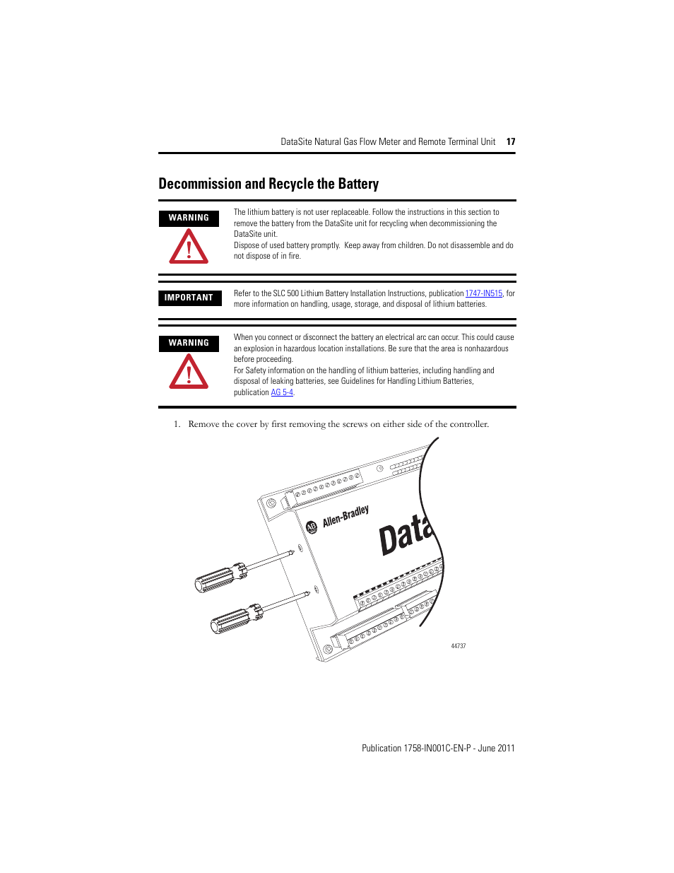 Decommission and recycle the battery | Rockwell Automation 1758-RTU202 Datasite Installation Instructions User Manual | Page 17 / 28