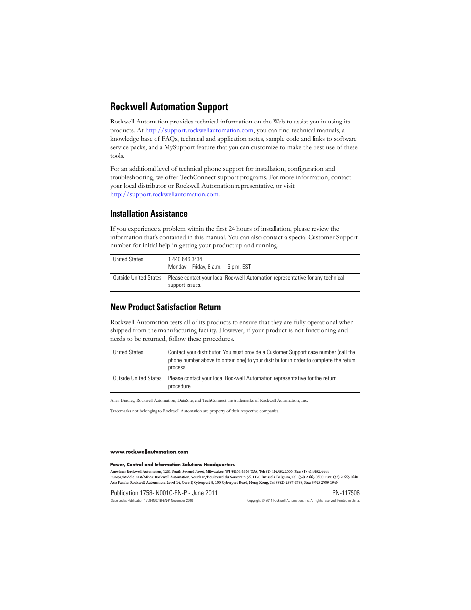 Back cover, Rockwell automation support, Installation assistance | New product satisfaction return | Rockwell Automation 1758-RTU202 Datasite Installation Instructions User Manual | Page 28 / 28