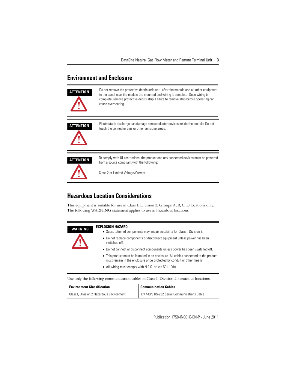 Environment and enclosure, Hazardous location considerations | Rockwell Automation 1758-RTU202 Datasite Installation Instructions User Manual | Page 3 / 28
