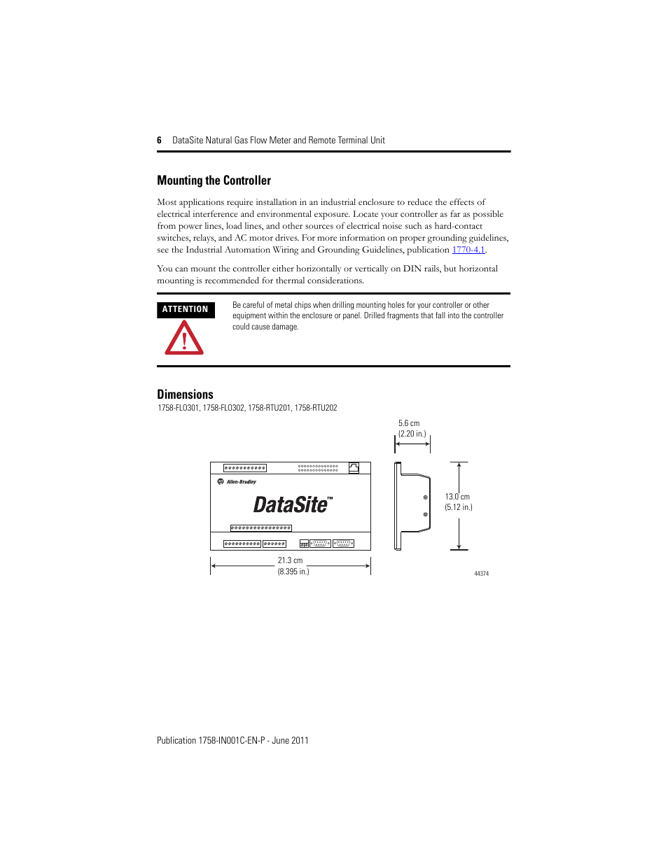 Mounting the controller, Dimensions | Rockwell Automation 1758-RTU202 Datasite Installation Instructions User Manual | Page 6 / 28