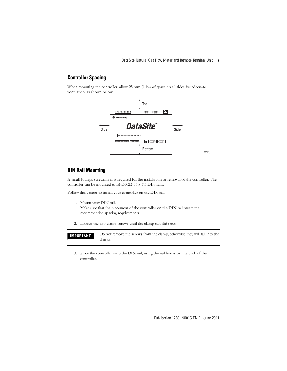 Controller spacing, Din rail mounting | Rockwell Automation 1758-RTU202 Datasite Installation Instructions User Manual | Page 7 / 28