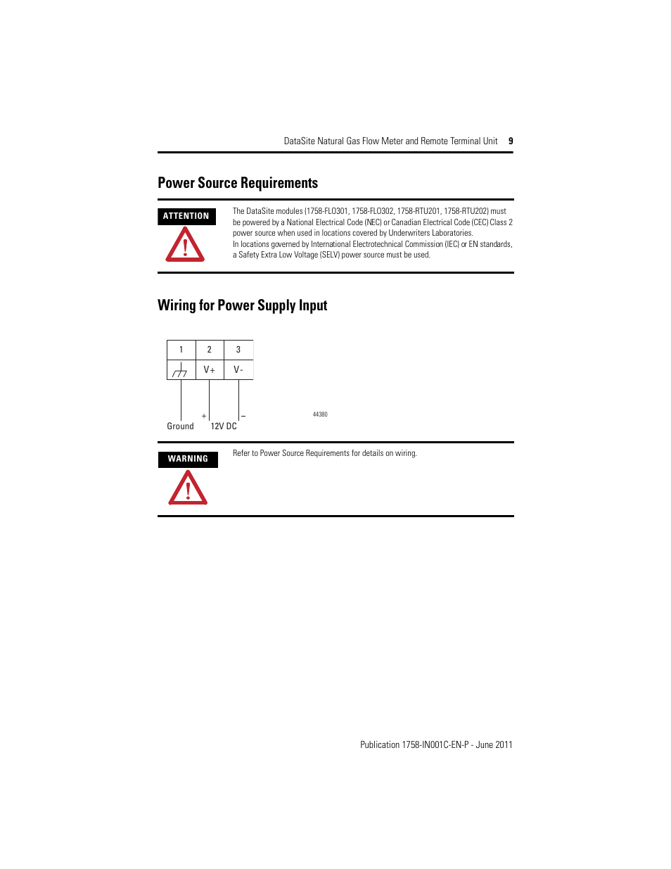 Power source requirements, Wiring for power supply input | Rockwell Automation 1758-RTU202 Datasite Installation Instructions User Manual | Page 9 / 28
