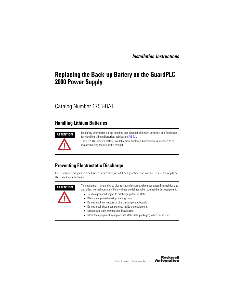Rockwell Automation 1755-BAT Replacing the Battery in the GuardPLC 2000 Power Supply User Manual | 2 pages