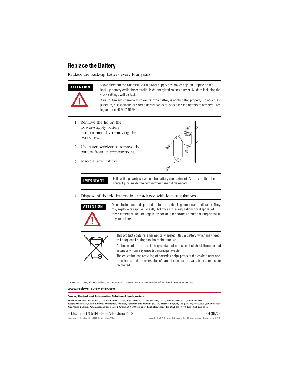 Replace the battery, Back cover | Rockwell Automation 1755-BAT Replacing the Battery in the GuardPLC 2000 Power Supply User Manual | Page 2 / 2