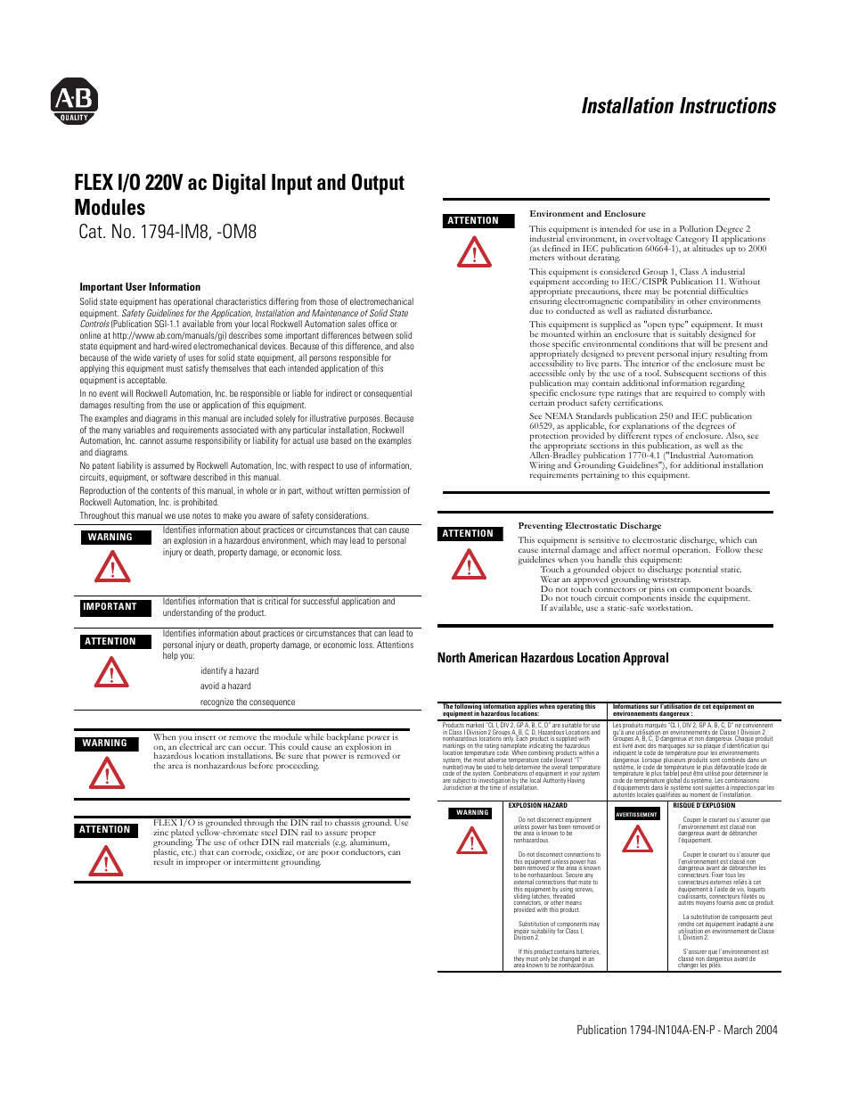 Rockwell Automation 1794-IM8,1794-OM8 FLEX I/O 220V ac Input and Output Modules Inst. Inst. User Manual | 4 pages