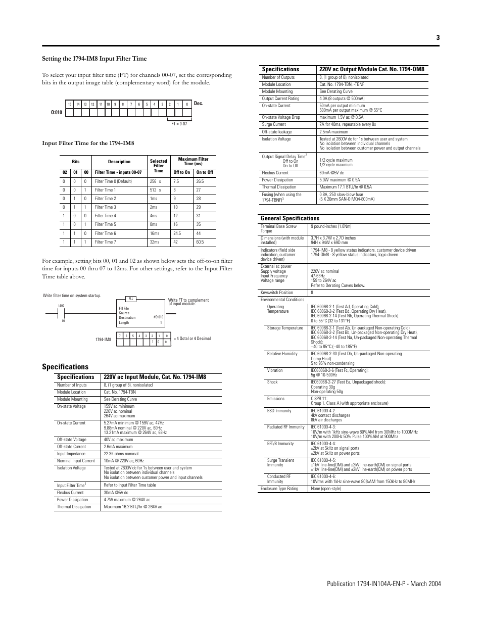 Specifications | Rockwell Automation 1794-IM8,1794-OM8 FLEX I/O 220V ac Input and Output Modules Inst. Inst. User Manual | Page 3 / 4
