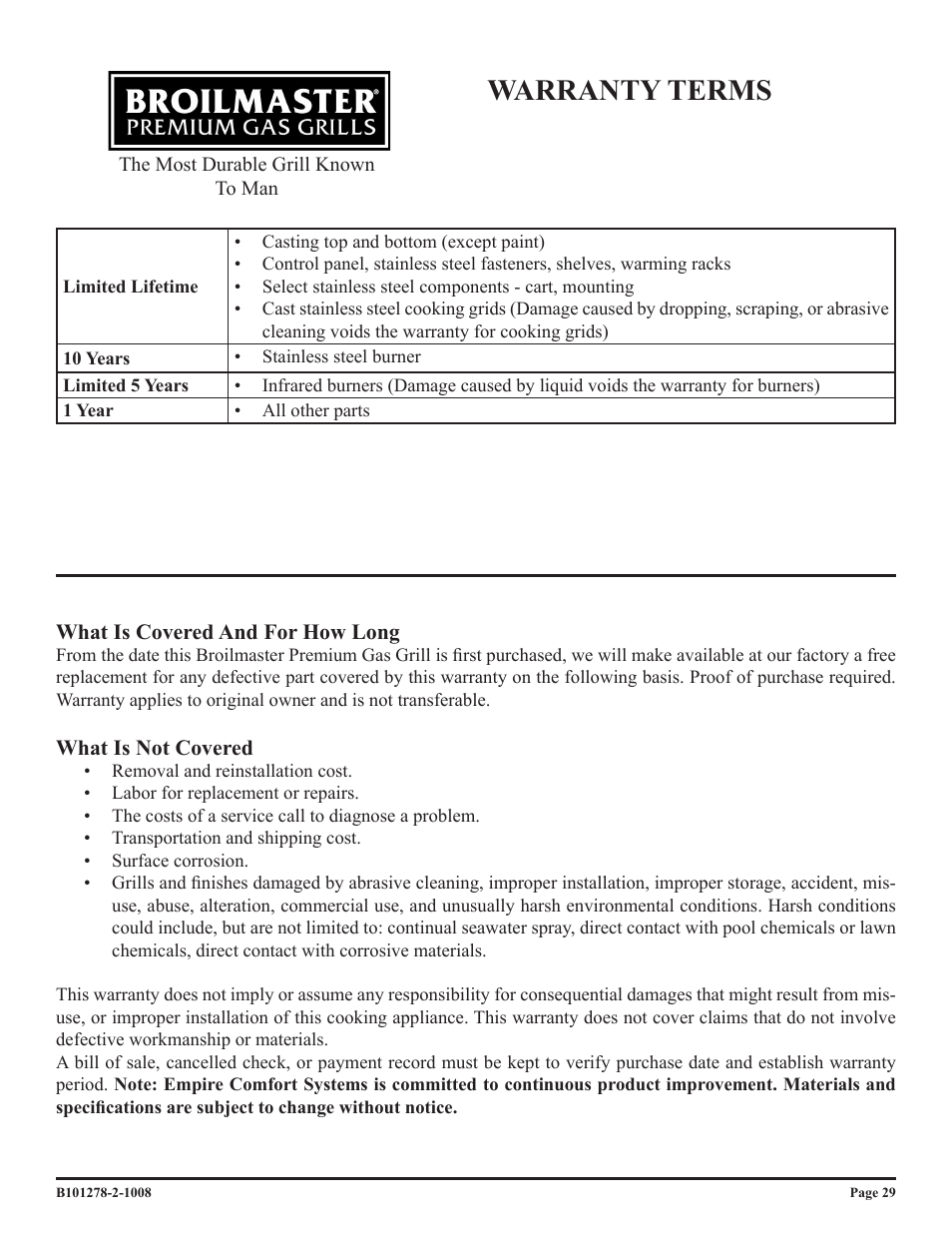 Warranty terms | Broilmaster R3-1 User Manual | Page 29 / 32