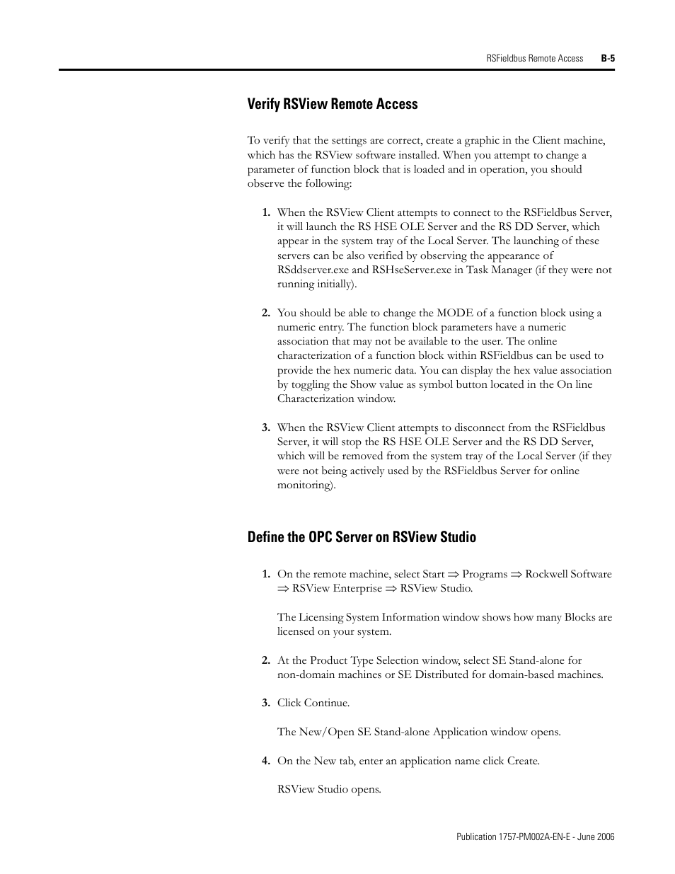 Verify rsview remote access, Define the opc server on rsview studio | Rockwell Automation 1757-FFLD Linking Device Configuration Manual User Manual | Page 125 / 150