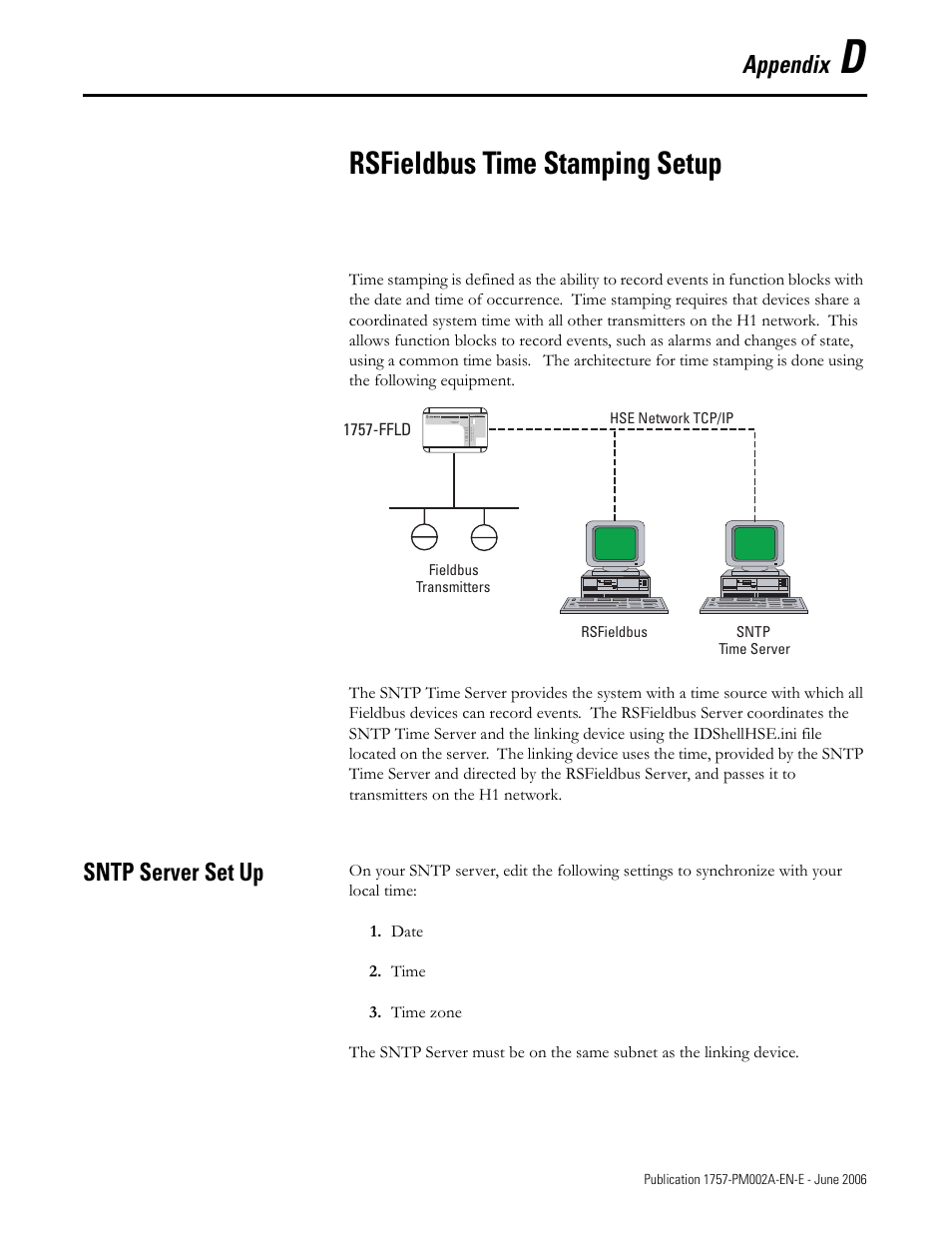 Appendix d - rsfieldbus time stamping setup, Sntp server set up, Rsfieldbus time stamping setup | Appendix | Rockwell Automation 1757-FFLD Linking Device Configuration Manual User Manual | Page 131 / 150
