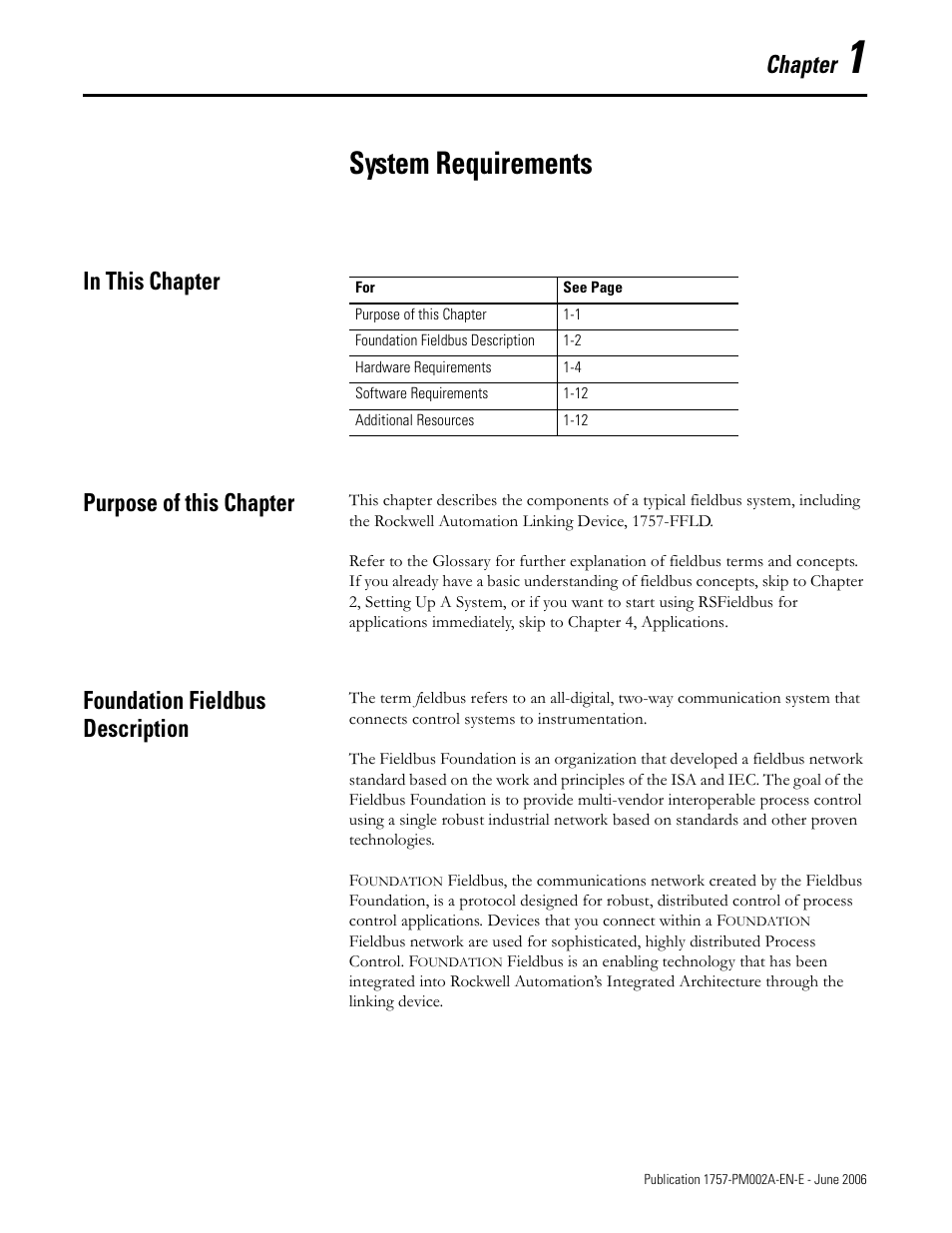 Chapter 1 - system requirements, In this chapter, Purpose of this chapter | Foundation fieldbus description, System requirements, Chapter | Rockwell Automation 1757-FFLD Linking Device Configuration Manual User Manual | Page 5 / 150