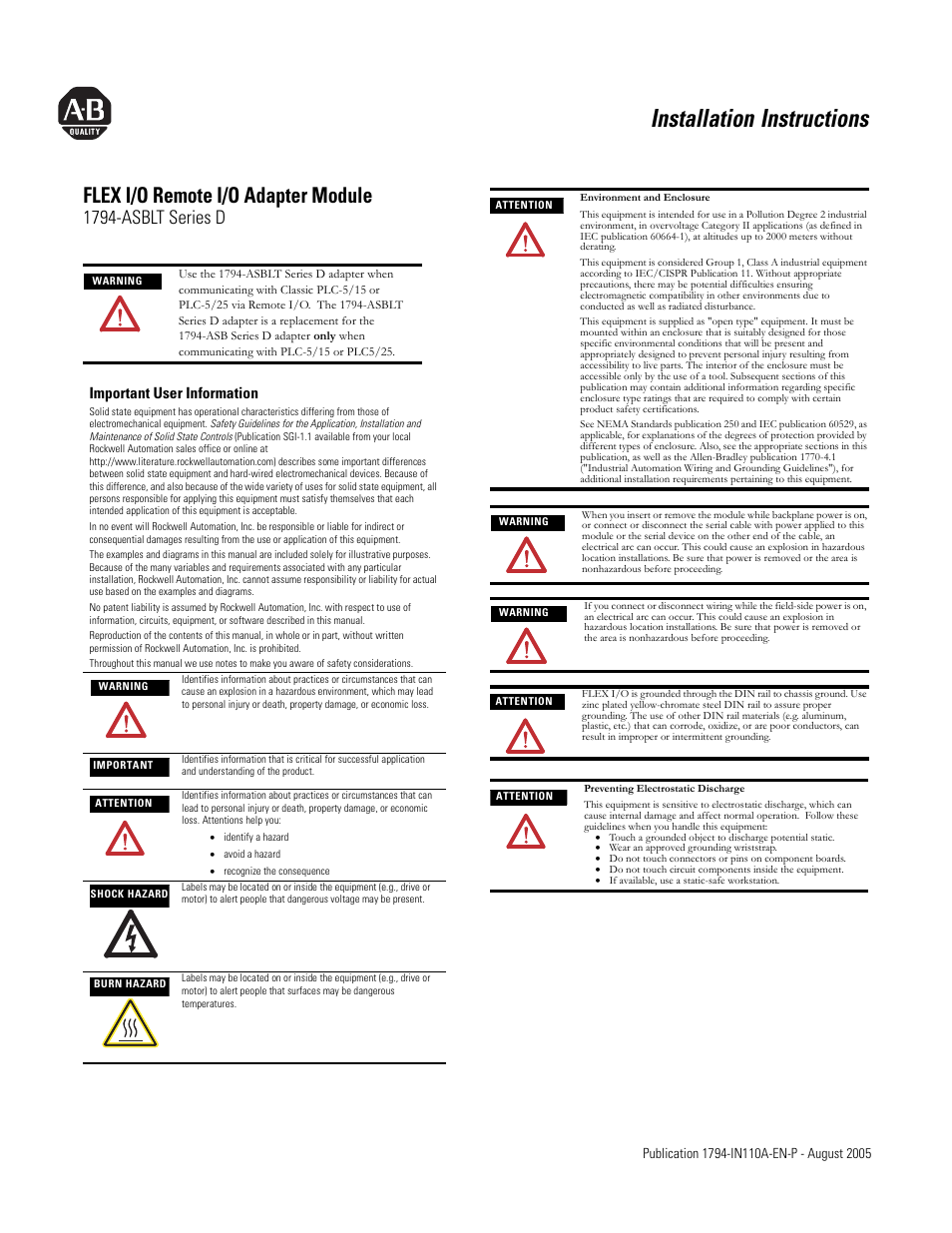 Rockwell Automation 1794-ASBLT/A FLEX I/O Remote I/O Adapter Installation Instructions User Manual | 6 pages