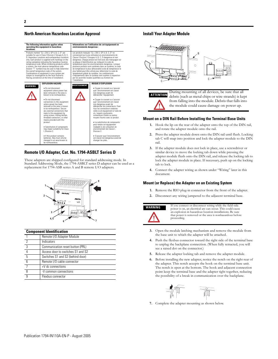 Install your adapter module, Component identification, 1794-asblt | Rockwell Automation 1794-ASBLT/A FLEX I/O Remote I/O Adapter Installation Instructions User Manual | Page 2 / 6