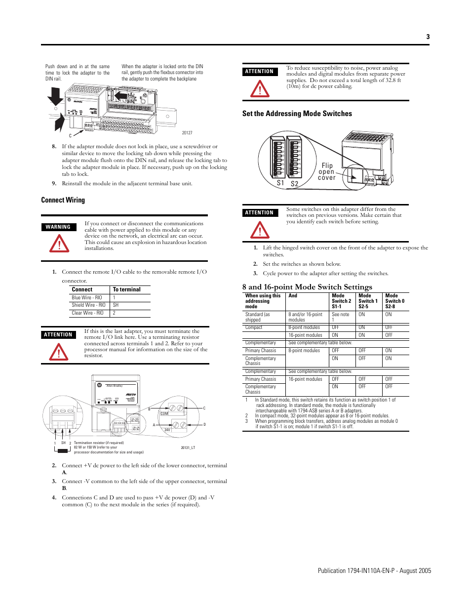 8 and 16-point mode switch settings, Connect wiring, Set the addressing mode switches | S1 s2 flip open cover | Rockwell Automation 1794-ASBLT/A FLEX I/O Remote I/O Adapter Installation Instructions User Manual | Page 3 / 6