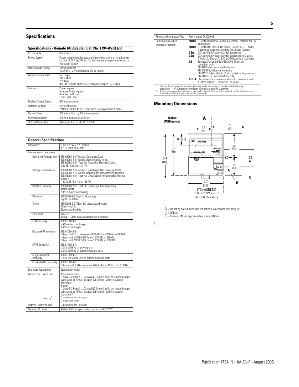 Specifications mounting dimensions | Rockwell Automation 1794-ASBLT/A FLEX I/O Remote I/O Adapter Installation Instructions User Manual | Page 5 / 6