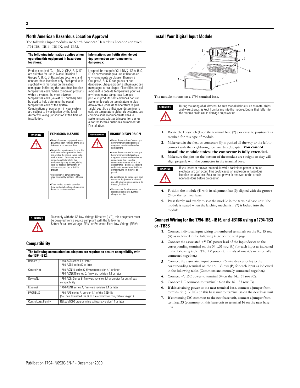 North american hazardous location approval, Compatibility, Install your digital input module | Compatibility install your digital input module | Rockwell Automation 1794-IB8_IB16_IB16K_IB32 Flex I/O Digital Input Modules Installation Instructions User Manual | Page 2 / 6
