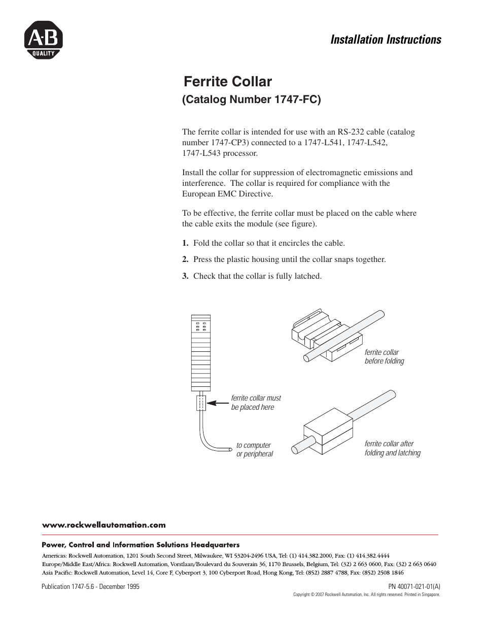 Rockwell Automation 1747-FC Ferrite Collar User Manual | 1 page