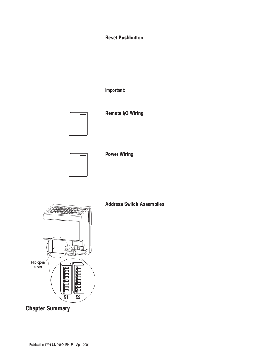 Chapter summary, Reset pushbutton, Remote i/o wiring | Power wiring, Address switch assemblies, Multi-position switches are provided for, Starting i/o group, I/o rack number, Hold inputs, Rack fault | Rockwell Automation 1794-ASB/E Remote I/O Adapter Module User Manual User Manual | Page 18 / 72