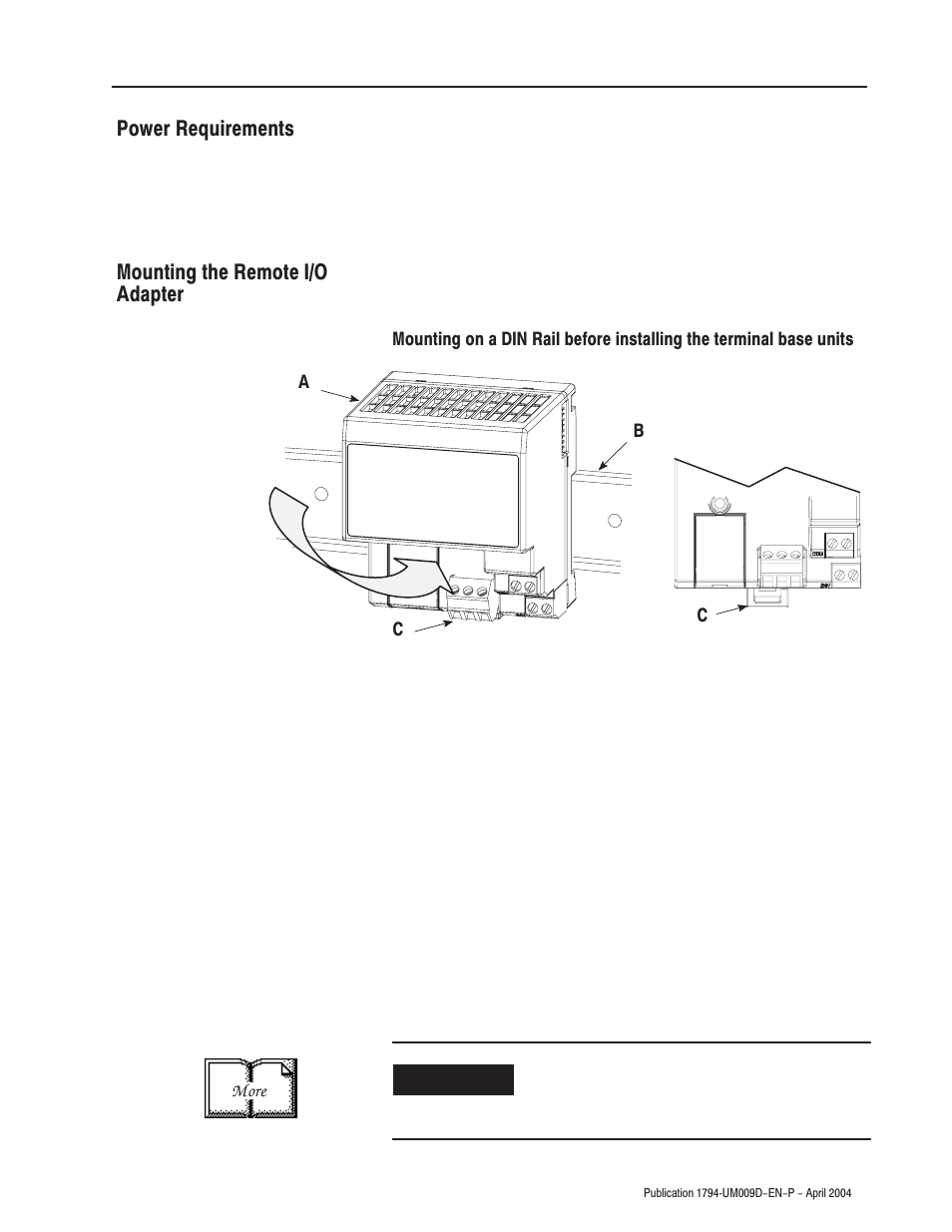 Power requirements mounting the remote i/o adapter | Rockwell Automation 1794-ASB/E Remote I/O Adapter Module User Manual User Manual | Page 21 / 72