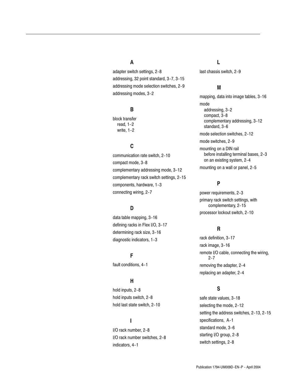 Index | Rockwell Automation 1794-ASB/E Remote I/O Adapter Module User Manual User Manual | Page 65 / 72