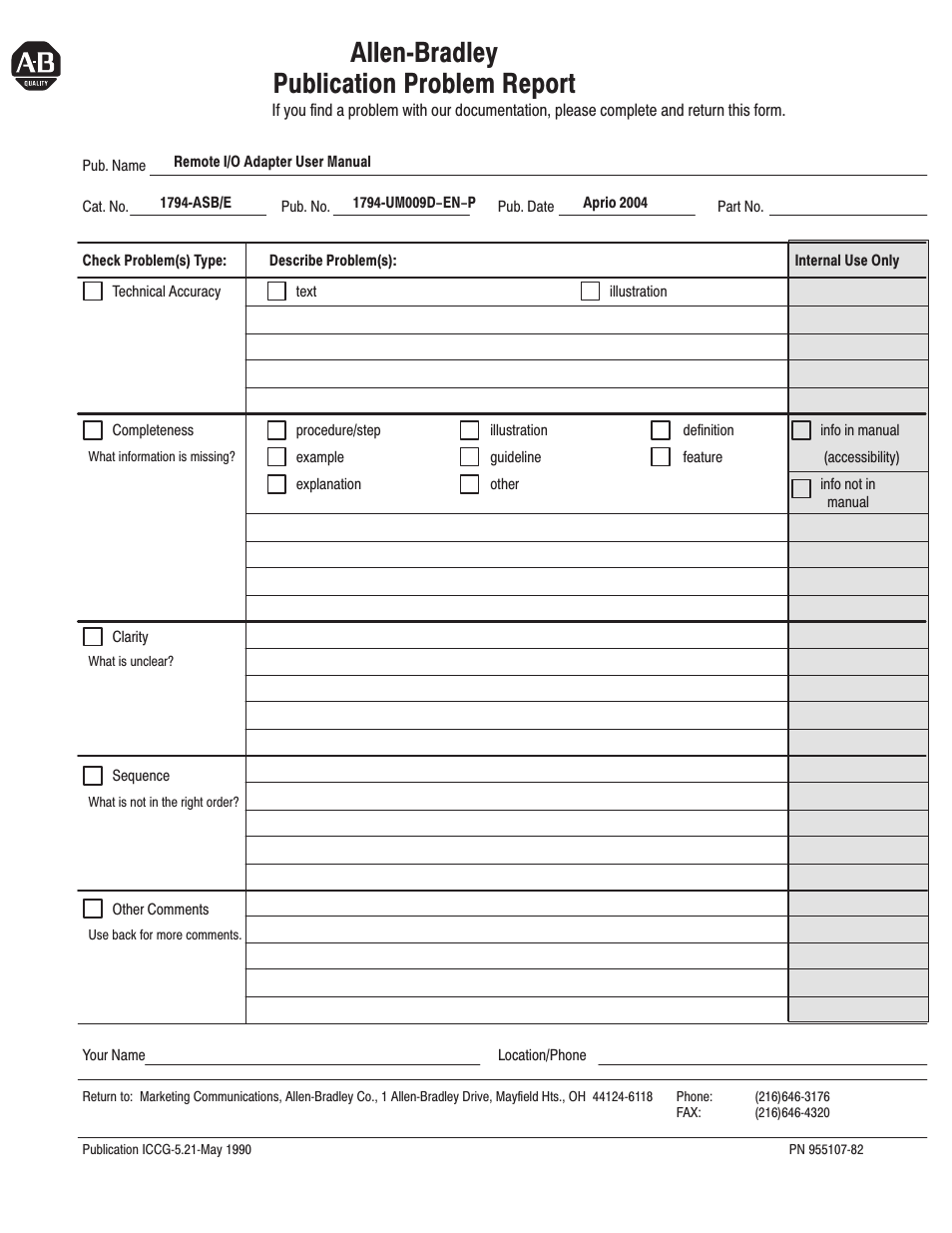 Allenćbradley publication problem report | Rockwell Automation 1794-ASB/E Remote I/O Adapter Module User Manual User Manual | Page 67 / 72