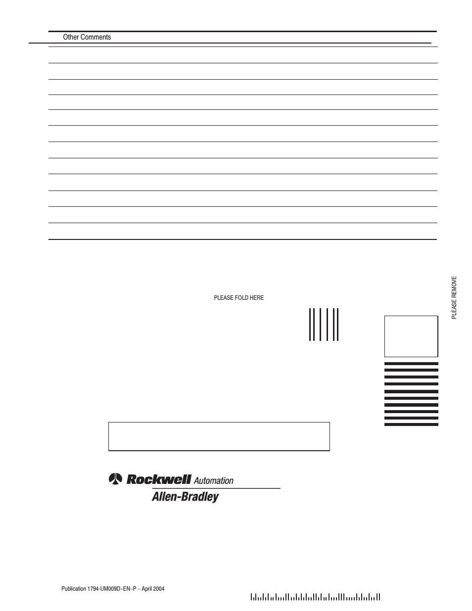 Business reply mail | Rockwell Automation 1794-ASB/E Remote I/O Adapter Module User Manual User Manual | Page 68 / 72