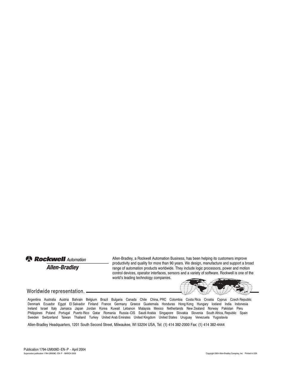 Worldwide representation | Rockwell Automation 1794-ASB/E Remote I/O Adapter Module User Manual User Manual | Page 72 / 72